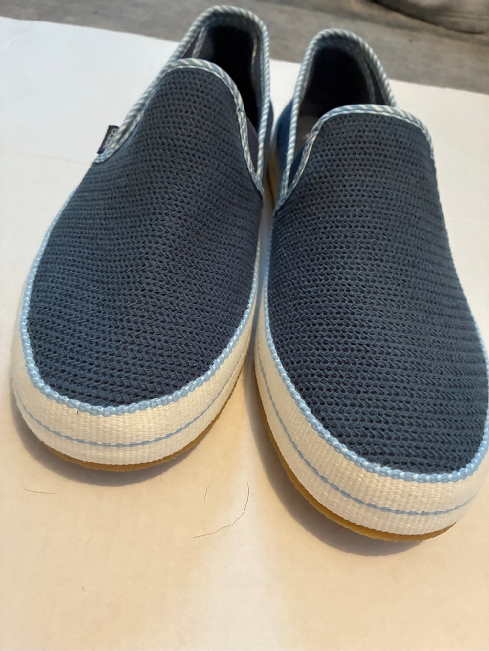 UGG Men's Navy Knit Slip-On Loafers with White Platform and Light Blue Trim